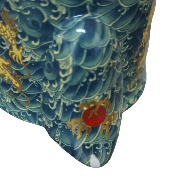Chinese Golden Dragon Teacup Teapot Blue Red Ball Luck Sea Waves Signed READ - Picture 13 of 16